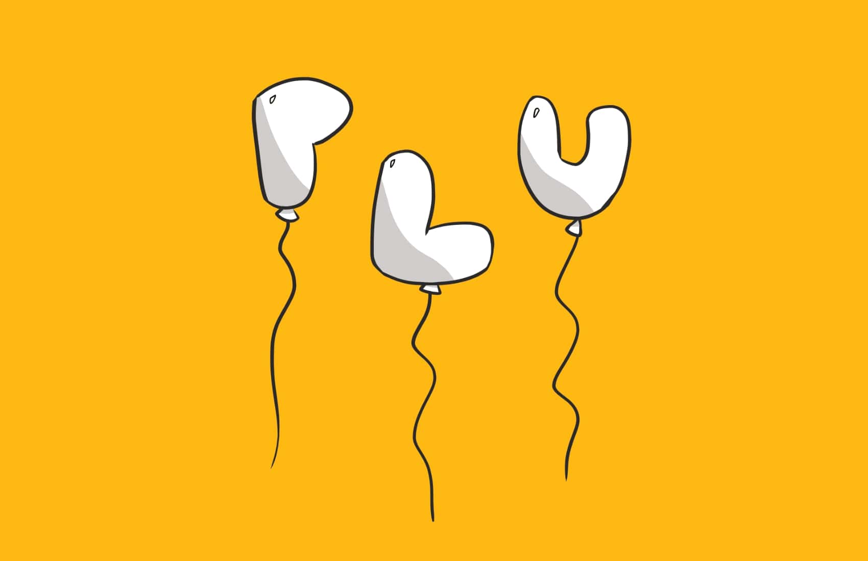 an illustration of the letters 'P' 'L' 'U' as white balloons against a bright mustard yellow plain background